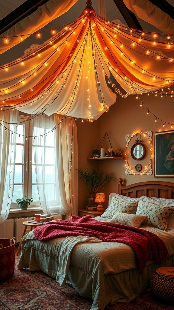 A cozy bedroom with a twinkling canopy of lights above the bed, featuring warm tones and inviting decor.