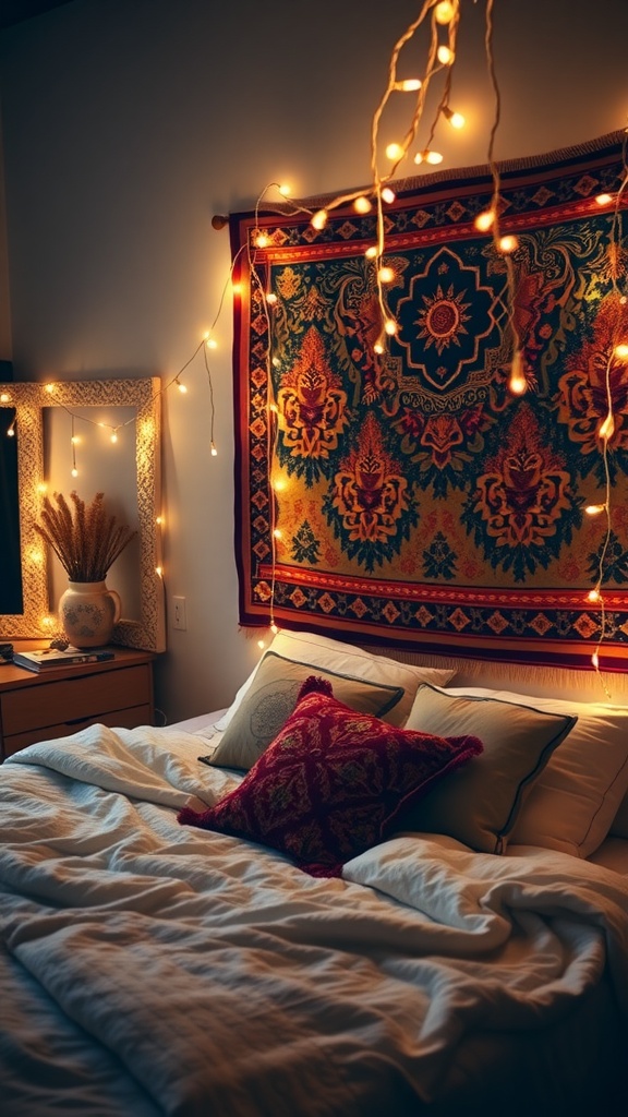 A boho bedroom with a tapestry and fairy lights, featuring a cozy bed and decorative pillows.