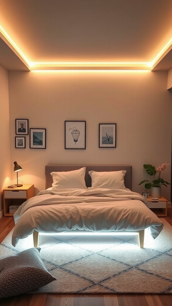 Cozy bedroom with under-bed LED illumination and soft glowing lights