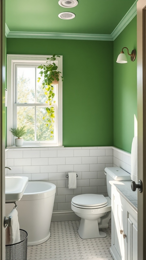 A bathroom painted in vibrant green with white fixtures and natural light.