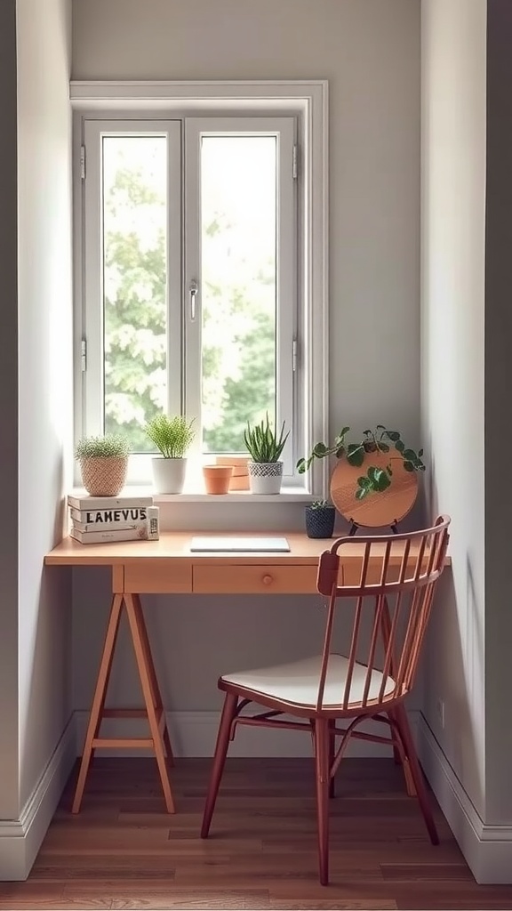 A cozy workspace in a window alcove featuring a wooden desk, a chair, and various potted plants.