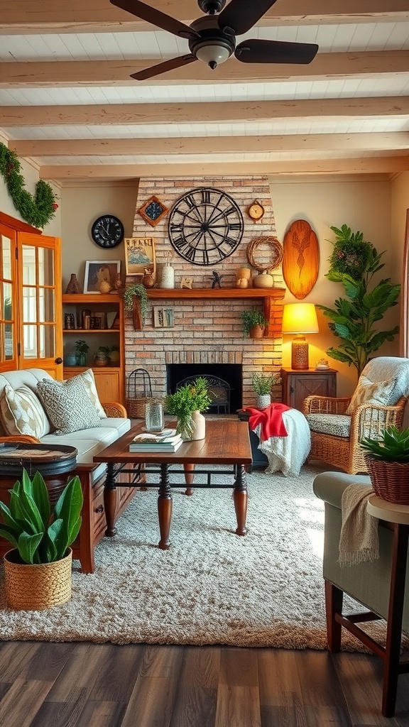 Cozy rustic farmhouse living room with wooden beams, brick fireplace, and inviting furniture.