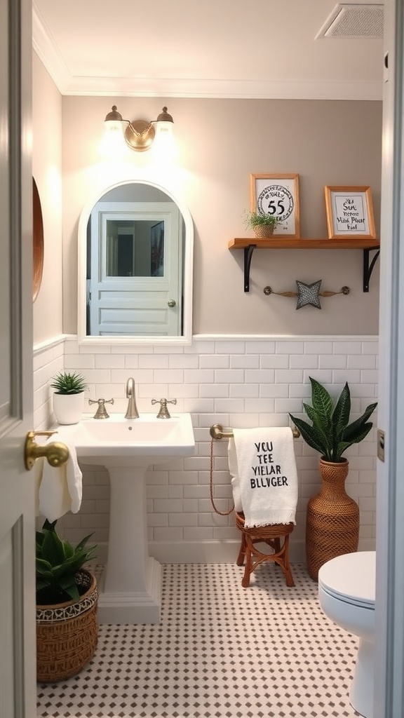 A beautifully updated master bathroom featuring neutral walls, white subway tiles, a round mirror, and decorative elements like plants and a wooden shelf.