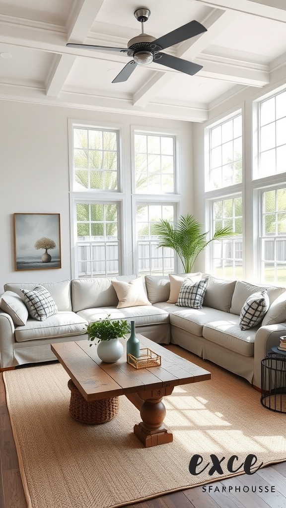 Spacious modern farmhouse living room with a large sofa, wooden coffee table, and bright windows.