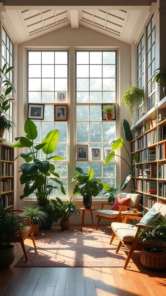 A bright library room filled with plants, sunlight, and cozy seating.