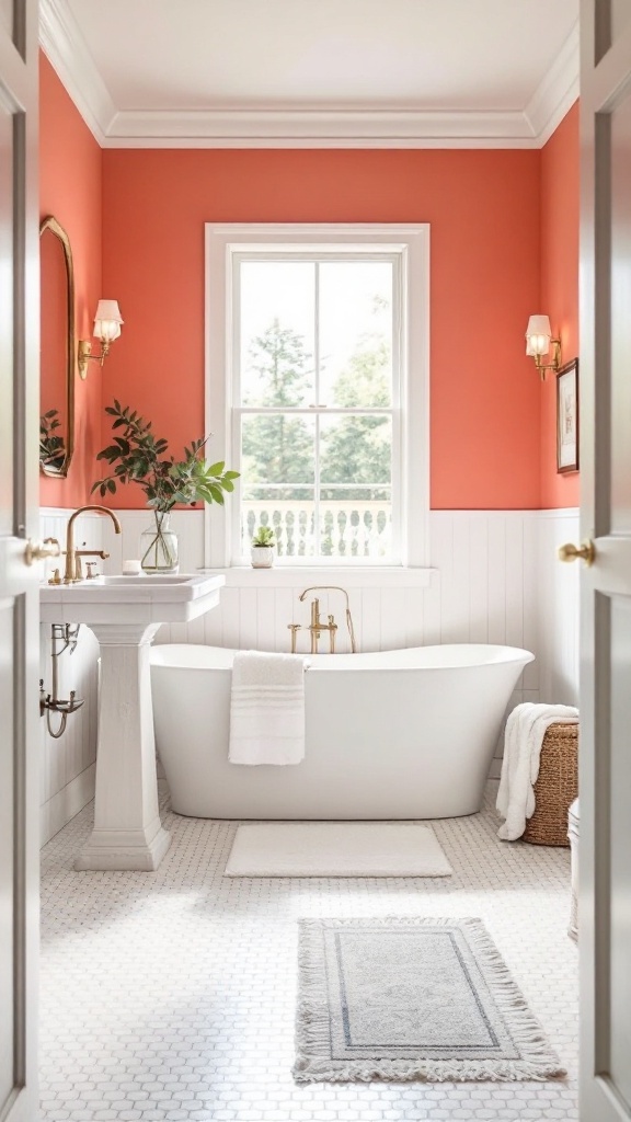 A bright bathroom featuring a coral accent wall, white fixtures, a large bathtub, and natural light coming in from a window.