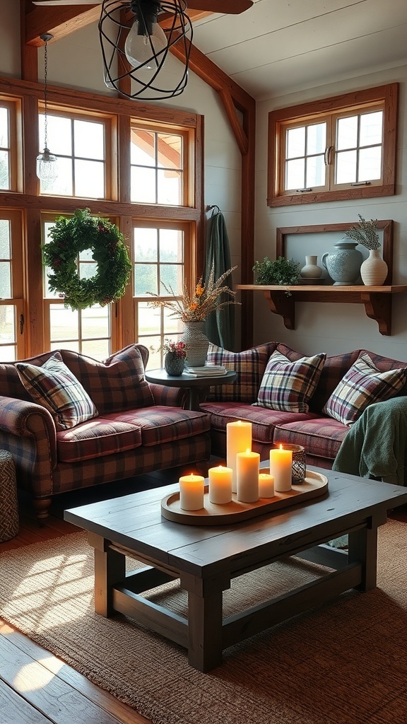 A cozy rustic farmhouse living room with plaid sofas, candles on a wooden coffee table, and large windows.