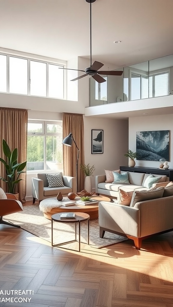 A modern living room-dining room combo featuring large windows, comfortable furniture, and a warm color palette.