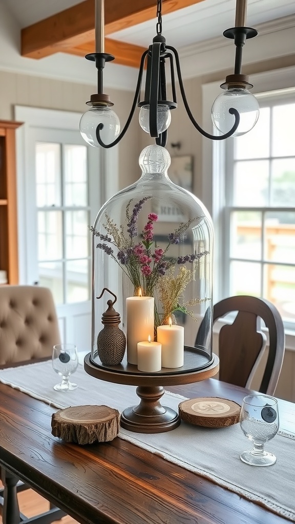 A glass cloche display with candles and flowers on a farmhouse dining table.