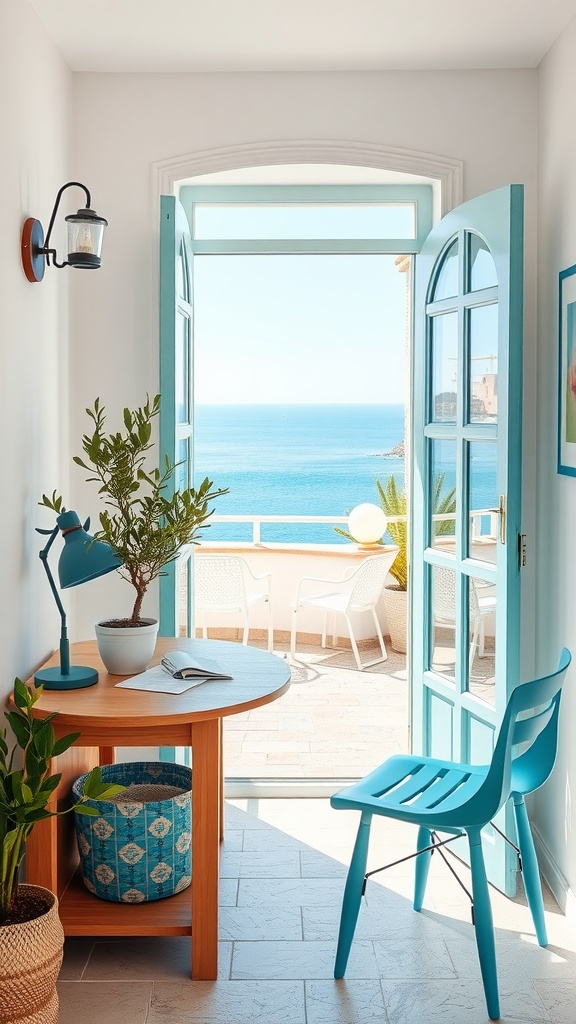 Mediterranean-inspired workspace with blue doors and a sea view