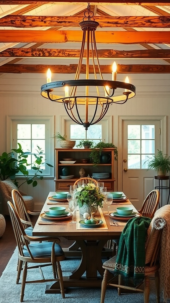 A cozy dining room featuring a rustic chandelier above a wooden dining table, complemented by wooden beams and soft lighting.