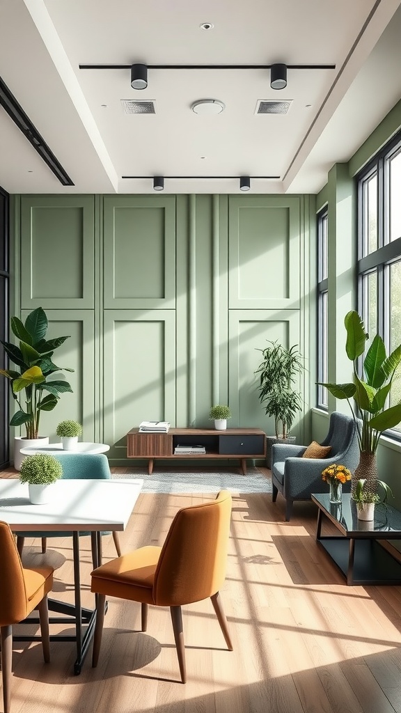 A modern office space with sage green recessed panels, orange chairs, and natural light from large windows