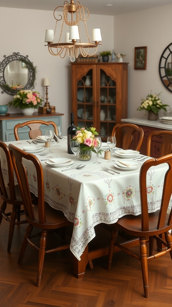 Cottagecore dining room with delicate embroidered table linens and wooden chairs