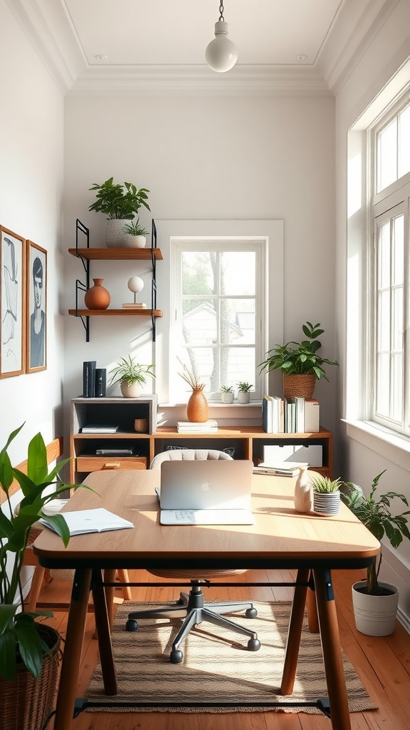 A bright and fresh farmhouse-inspired office with a wooden desk, plants, and shelves.
