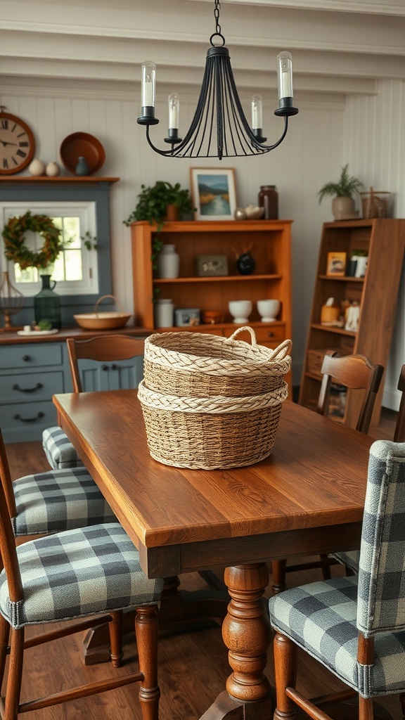 A dining room with wooden table, plaid chairs, and nesting baskets on the table.