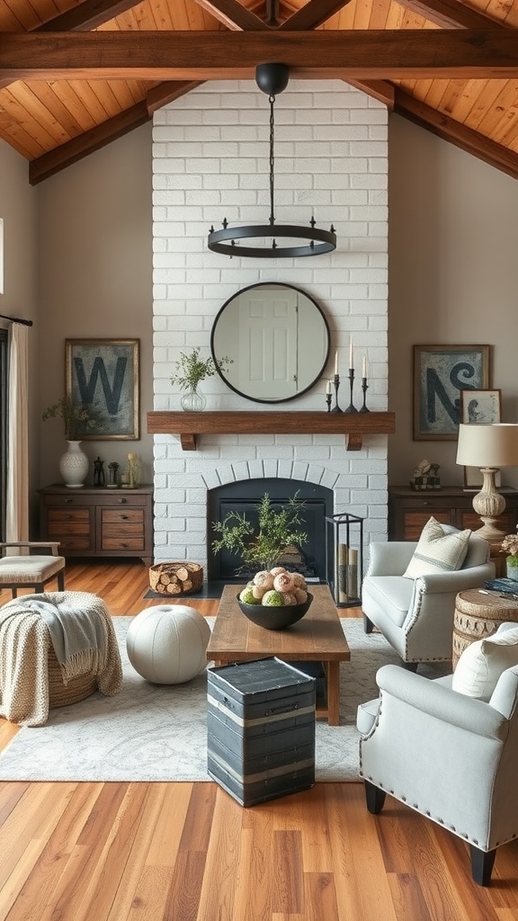 A cozy rustic farmhouse living room featuring a white brick fireplace, wooden accents, and soft seating.