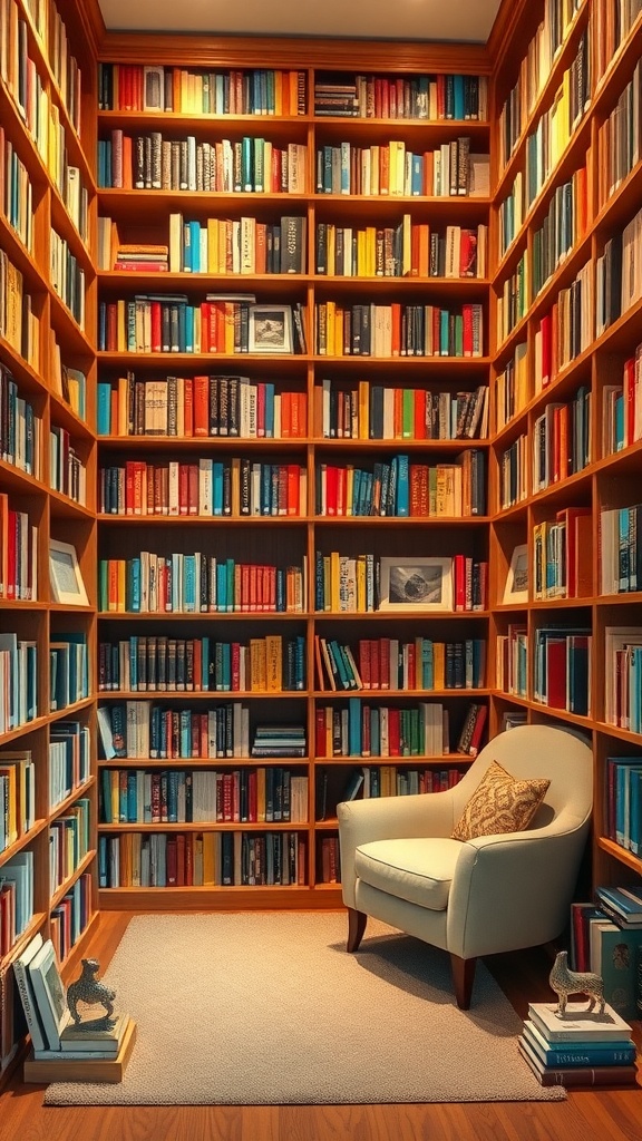 Cozy home library with bookshelves filled with colorful books and a comfortable chair.