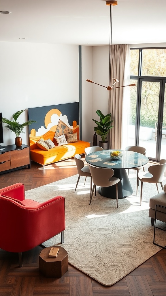 A vibrant living room and dining area featuring an orange sofa, red chair, and round dining table with modern decor.