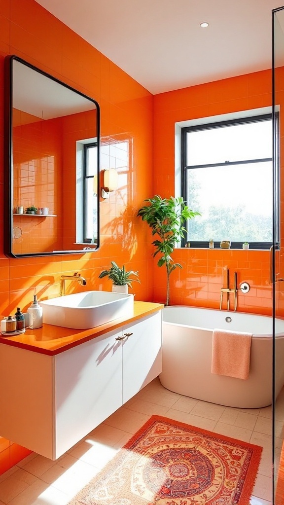 A bright orange bathroom featuring modern fixtures and a window allowing natural light.