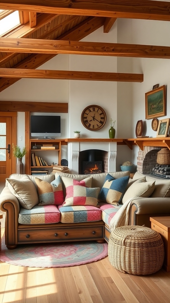 Cozy modern farmhouse living room with patchwork cushions on a sofa, wooden beams, and natural decor.