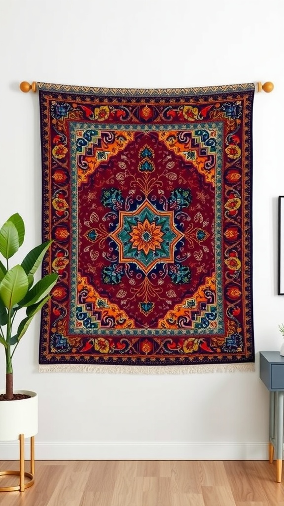 Persian rug-inspired wall hanging with rich colors and intricate patterns.