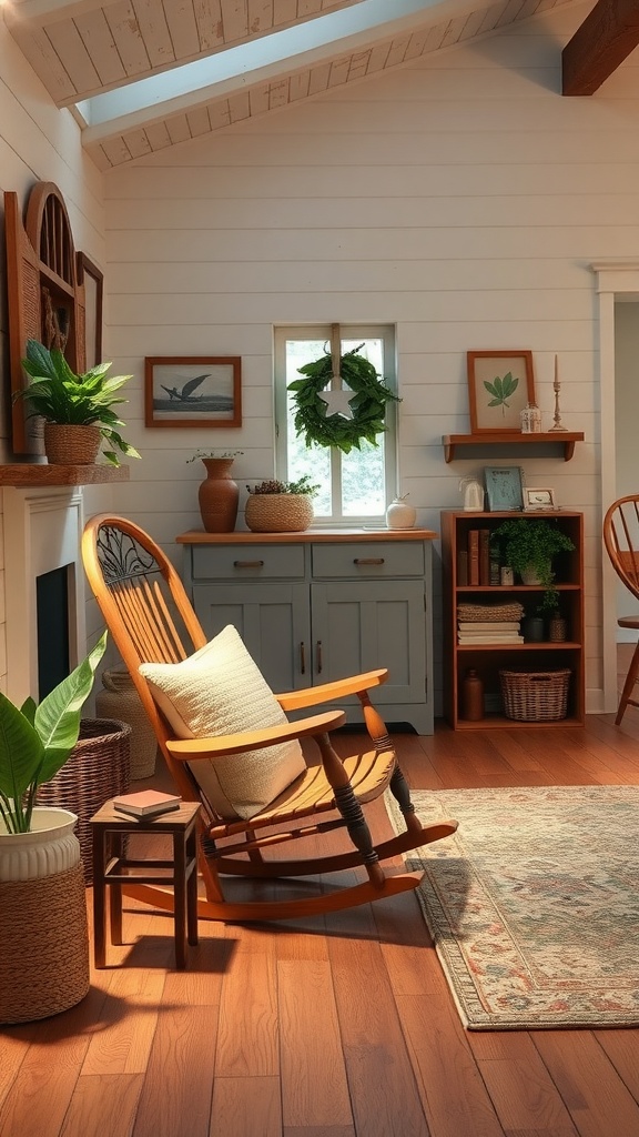 A cozy modern farmhouse living room featuring a classic rocking chair with a cushion, surrounded by plants and warm decor.