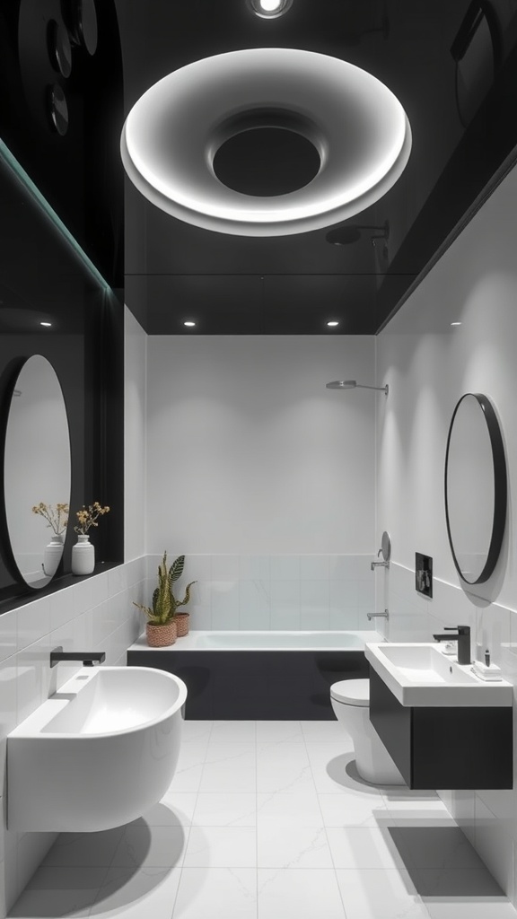 A modern bathroom featuring a black ceiling with a circular light fixture, white walls, and stylish decor.