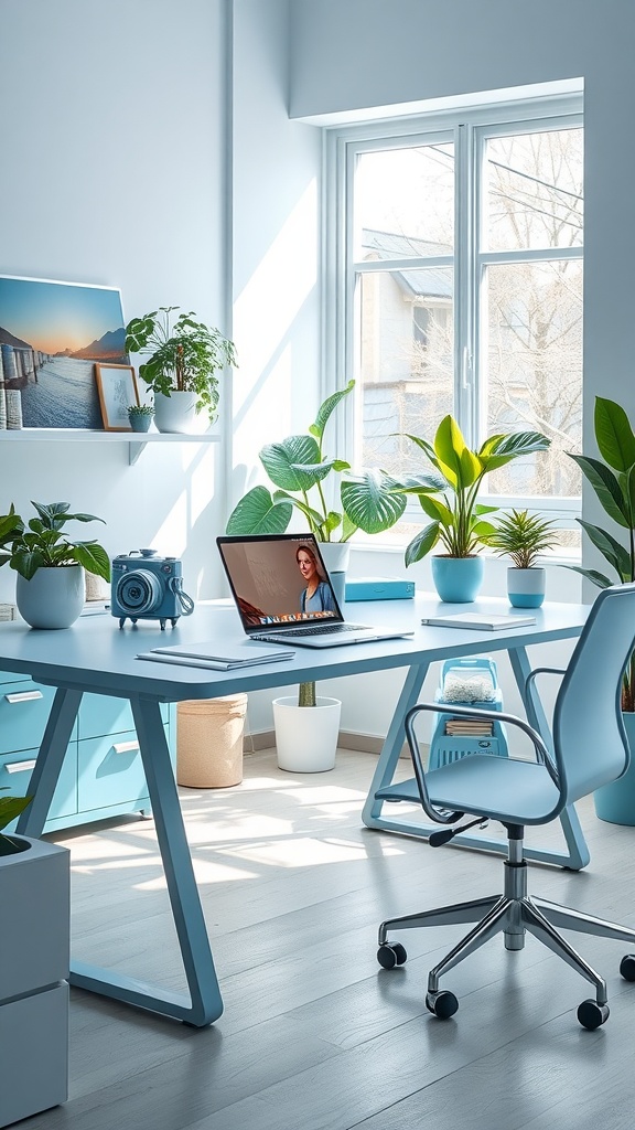 A bright and modern office featuring a blue theme, plants, and a sleek desk with a computer.
