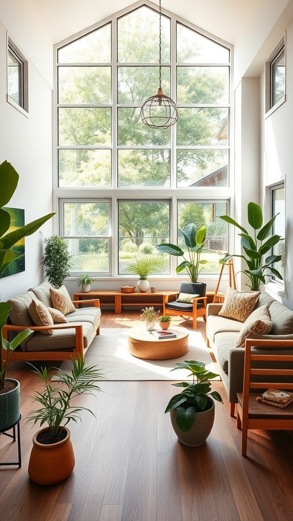 A bright living room-dining room combo with large windows, cozy seating, and various indoor plants