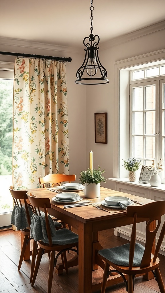 A cozy farmhouse dining room with floral print curtains, a wooden table, and simple decor.