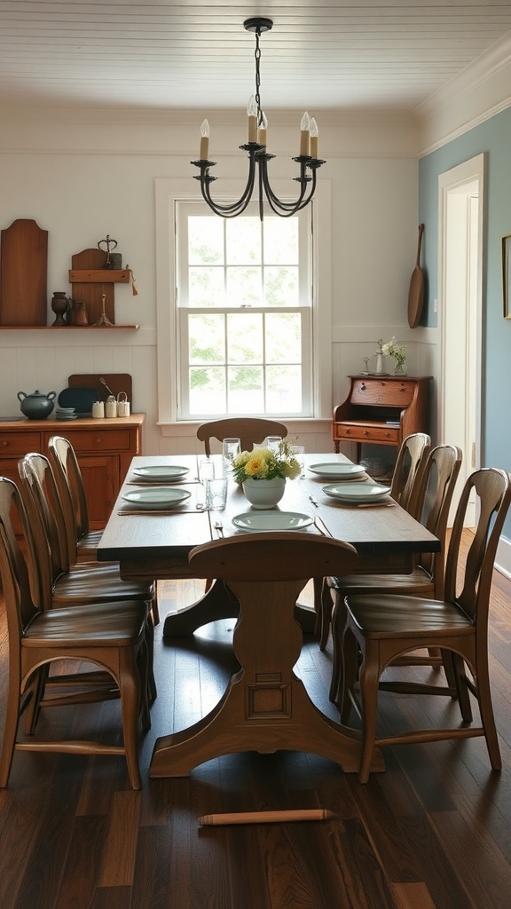 A cozy dining room featuring handcrafted wooden furniture including a large table and matching chairs, with a chandelier overhead and light flowing in from a window.