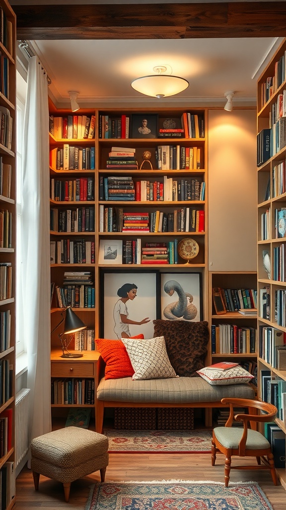 Cozy home library corner with bookshelves, art, and comfortable seating.