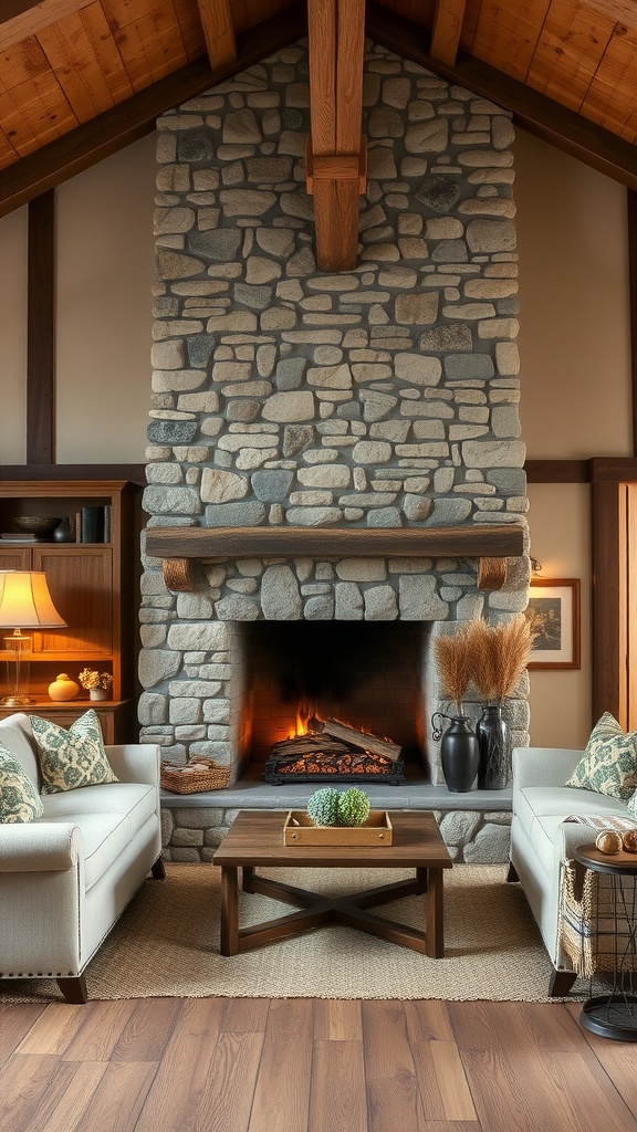 A cozy rustic farmhouse living room featuring a stone fireplace, wooden beams, and comfortable seating.