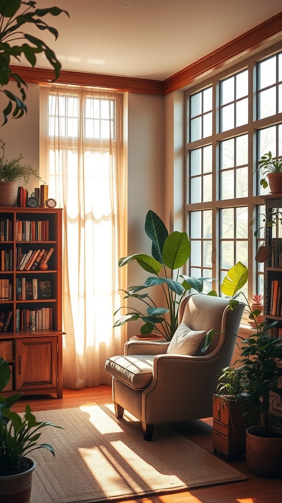 A cozy reading room with sunlit windows, a soft armchair, and lush plants.