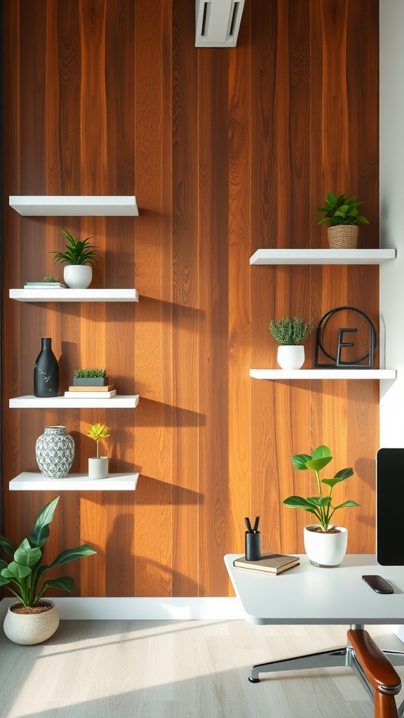 A warm wood paneled wall with white floating shelves, decorated with plants and accessories, creating a stylish office space.