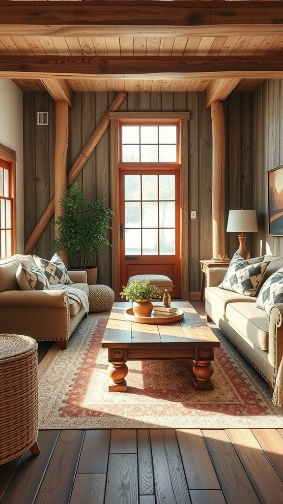 Cozy rustic farmhouse living room with barnwood accents and natural light