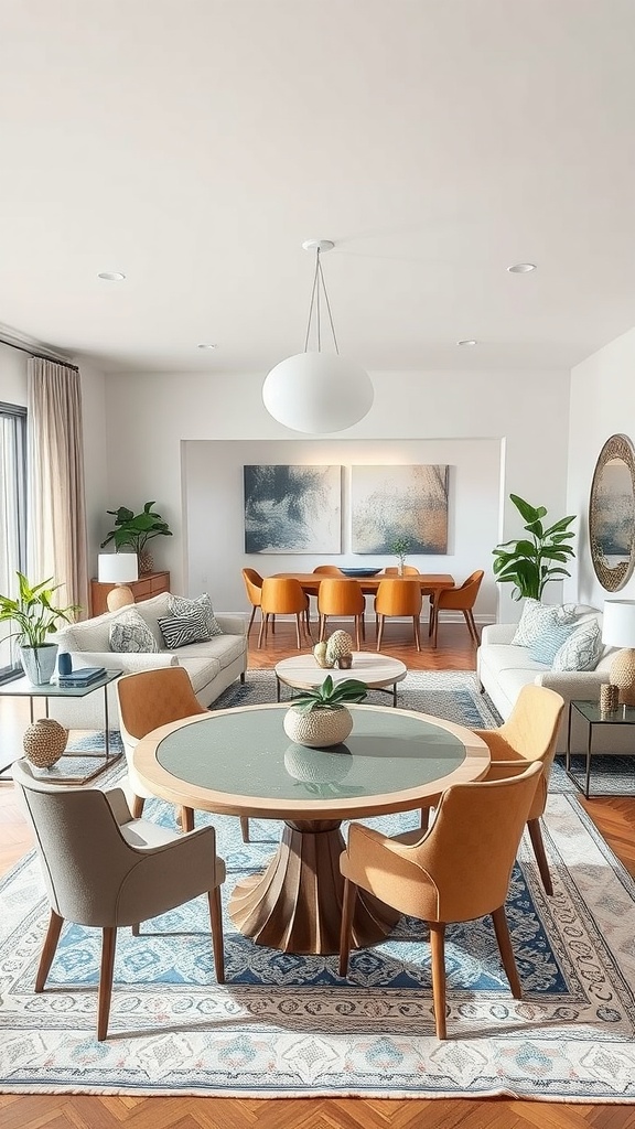 Stylish living room-dining room combo with distinct seating areas, featuring orange dining chairs and cozy sofas.