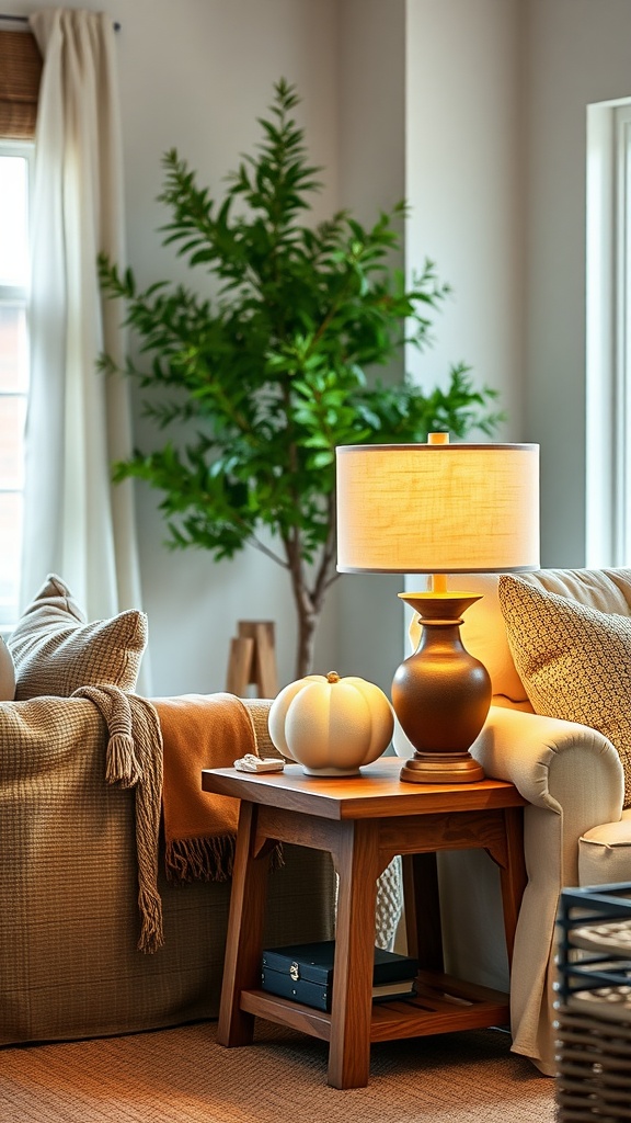 A modern farmhouse living room with a cozy couch, wooden side table, and warm table lamp, featuring a pumpkin decoration.