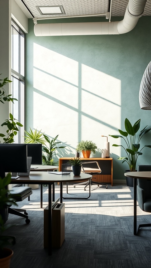 Bright office with a green-gray accent wall, plants, and modern furniture