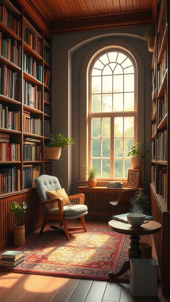 Cozy home library with bookshelves, a comfortable chair, and a window.