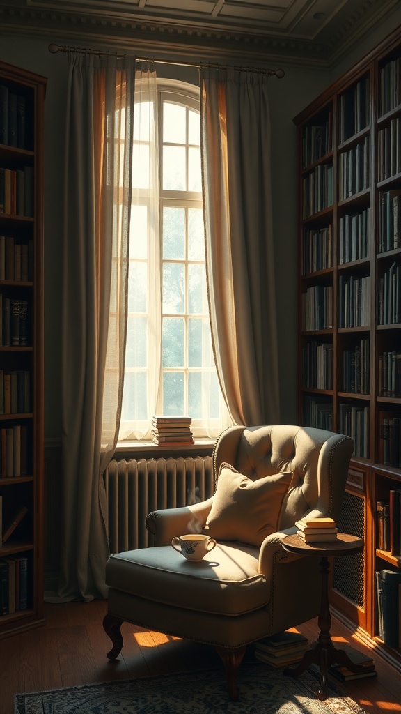 Cozy library with sunlight streaming through a window, featuring an armchair, bookshelf, and a cup of coffee.