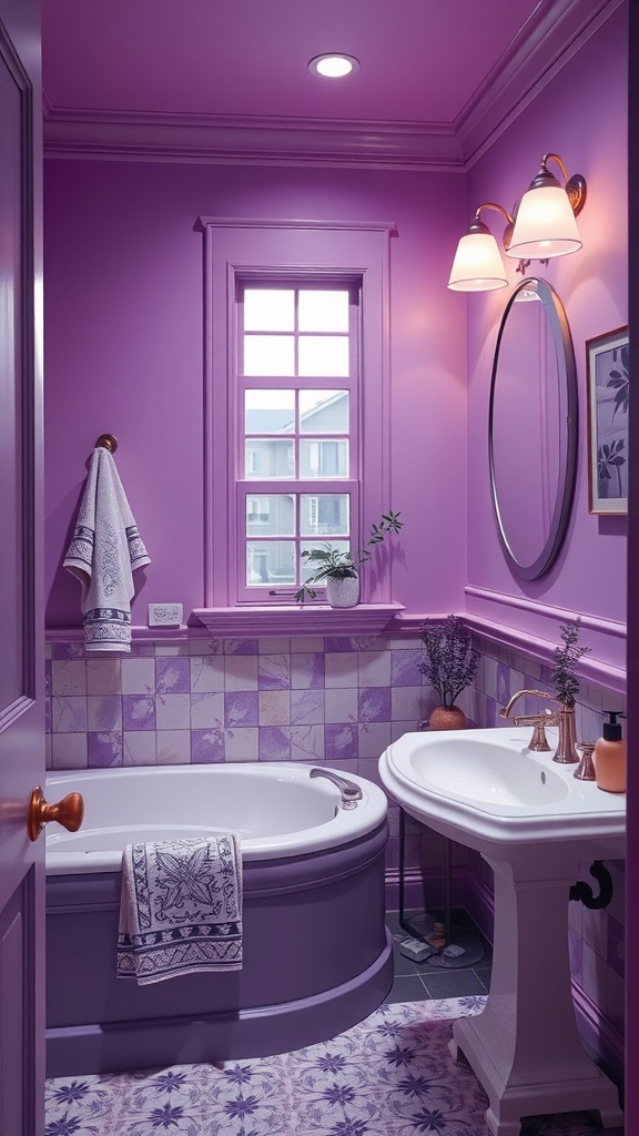 A stylish bathroom painted in shades of purple and lavender, featuring elegant fixtures and decor.