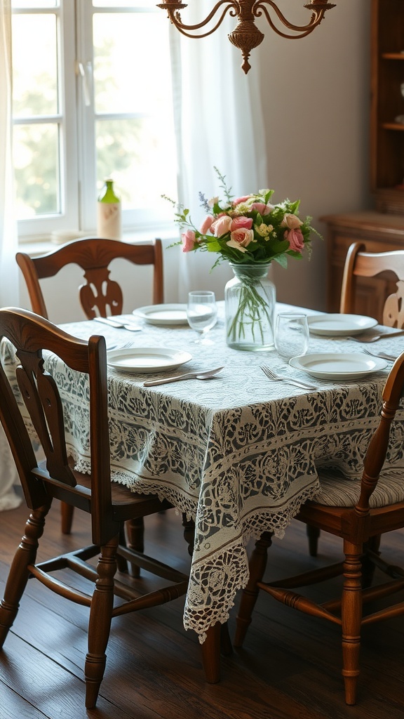 Dining table with a vintage lace tablecloth, wooden chairs, and a vase of roses.