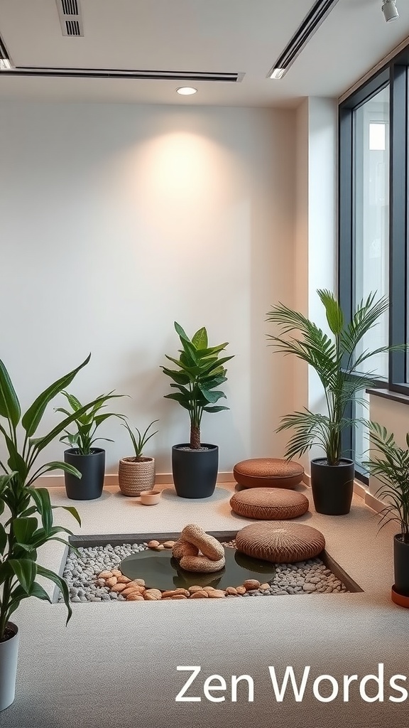 A calming Zen Zone in an office with plants, stones, and soft seating.