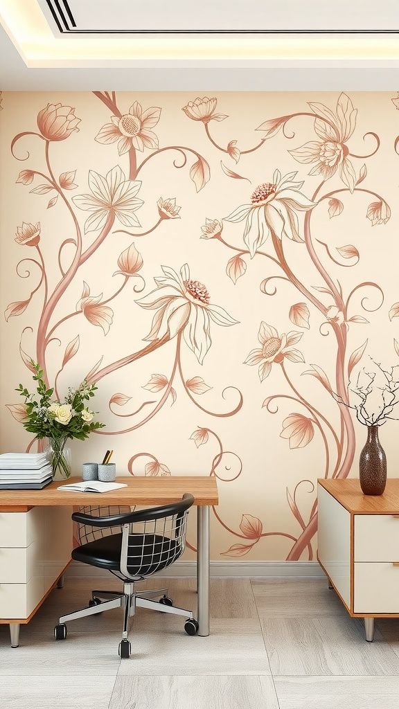 An office with an accent wall featuring Art Nouveau floral motifs in soft colors.