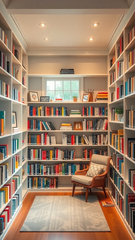 A bright home library with shelves ready for books and a cozy chair.