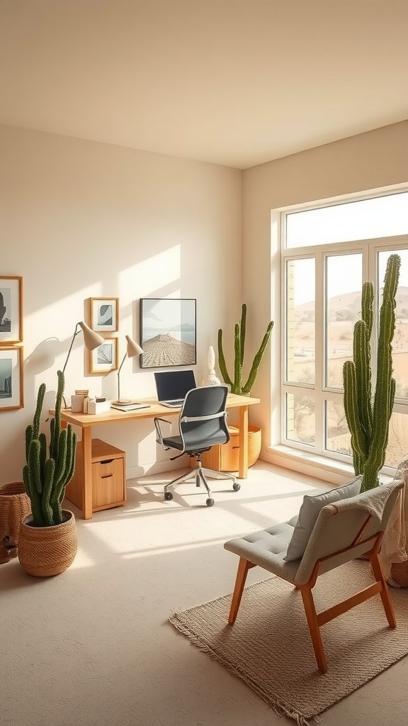 An airy office space with a wooden desk, a comfortable chair, and cacti for decor.