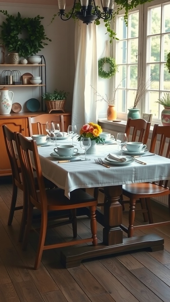 A cozy dining room with floral dishware on a wooden table, surrounded by warm decor and natural light.