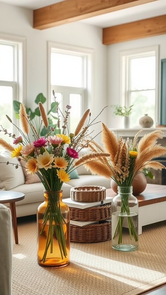 A modern farmhouse living room with fresh and dried floral arrangements in vases, showcasing vibrant flowers and soft grasses.