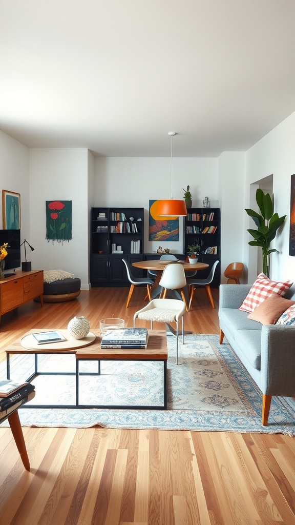 A well-designed living room-dining room combo featuring a gray sofa, round dining table, unique artwork, and houseplants.